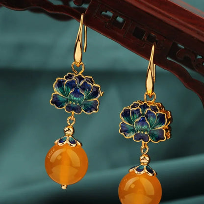 Vintage Flower Drop Earrings - Natural Stone Ethnic Jewelry for Women