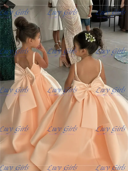 Lovely Satin Flower Girl Dress - Fluffy Bow Wedding & Birthday Party Gown for Kids