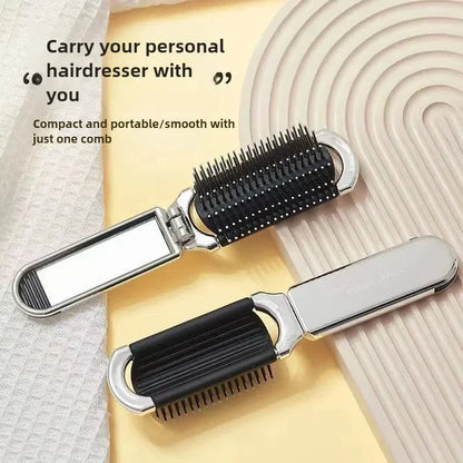 Foldable Hair Comb with Mirror - Portable Scalp Massage Brush, Anti-Static Travel Styling Tool for Girls