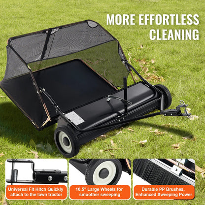 SucceBuy 52 Inch Lawn Sweeper - Heavy Duty Tow Behind Leaf and Grass Collector with 26CuFt Hopper