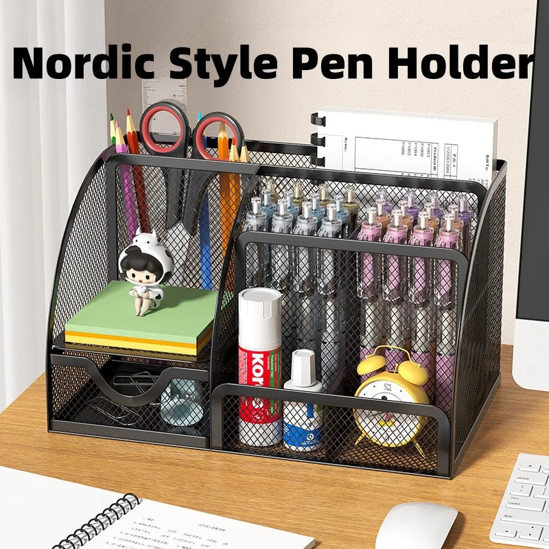 Creative Metal Pen Holder | Simple Stationery Storage Box for Desktop Decoration | Office Supplies Organizer for Students