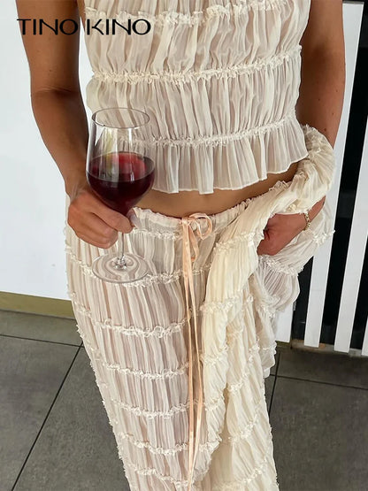 Women's Fashion Solid Hang Neck Long Skirt Suit: Backless Sling Top with Lace-Up Fold Maxi Skirt - Spring Summer 2 Piece Set
