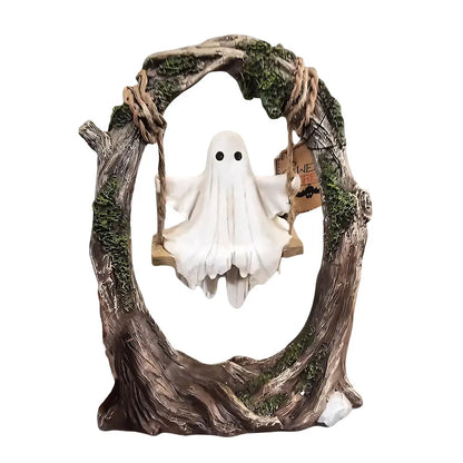 Halloween White Ghost Sculptures — Funny Swinging Tree Ornaments for Tabletop Centerpiece Decor