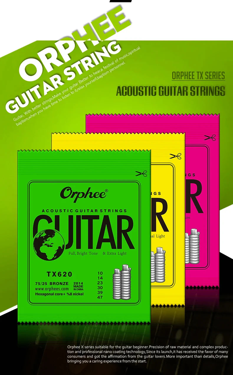 Orphee Acoustic Guitar Strings – 6Pcs/Set, Hexagonal Core, Full Bright Tone, TX620/TX630/TX640, Folk Guitar Accessories