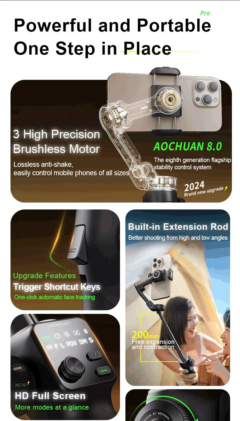 AOCHUAN Smart V8 3-Axis Handheld Gimbal – Phone Stabilizer with Extension Rod, Tripod & Face Tracking for iPhone, Android, TikTok & Vlog