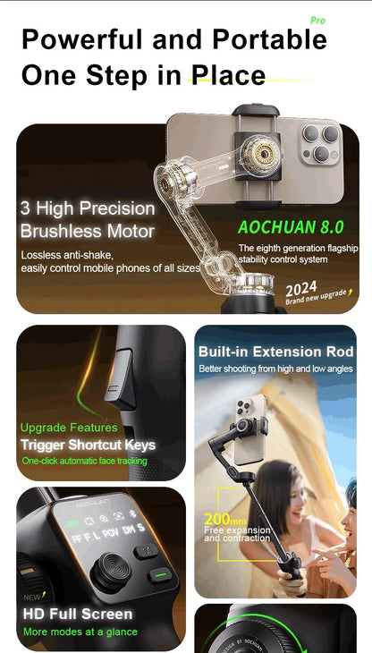 AOCHUAN Smart V8 3-Axis Handheld Gimbal – Phone Stabilizer with Extension Rod, Tripod & Face Tracking for iPhone, Android, TikTok & Vlog