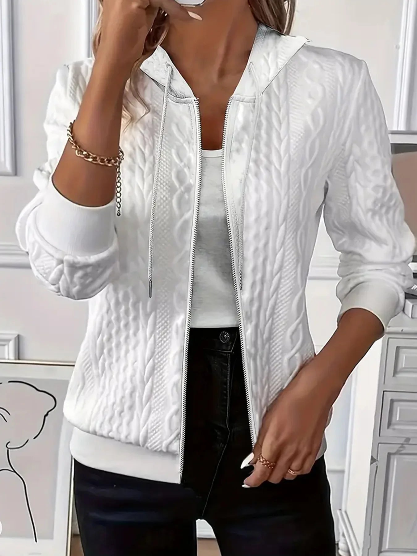 Women’s Solid Color Knitted Zip-Up Hooded Sweatshirt Jacket – Long Sleeve Slim Fit Casual Autumn Winter Warm Coat Hoodie