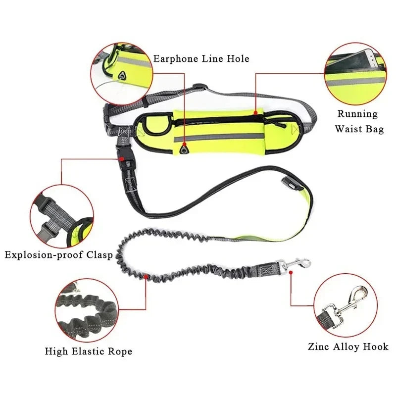 Reflective Hands-Free Dog Running Waist Leash Nylon Elastic Adjustable Pet Traction Belt with Waist Bag Retractable Control for Running & Walking