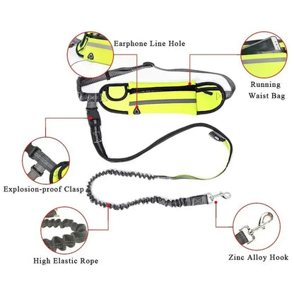 Reflective Hands-Free Dog Running Waist Leash Nylon Elastic Adjustable Pet Traction Belt with Waist Bag Retractable Control for Running & Walking