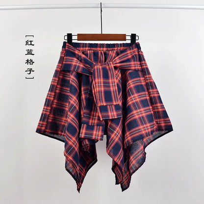 Summer Casual Retro Women’s Mini A-Line Skirt – Blue White Lattice Bow-Knot Elastic Waist Short Skirt