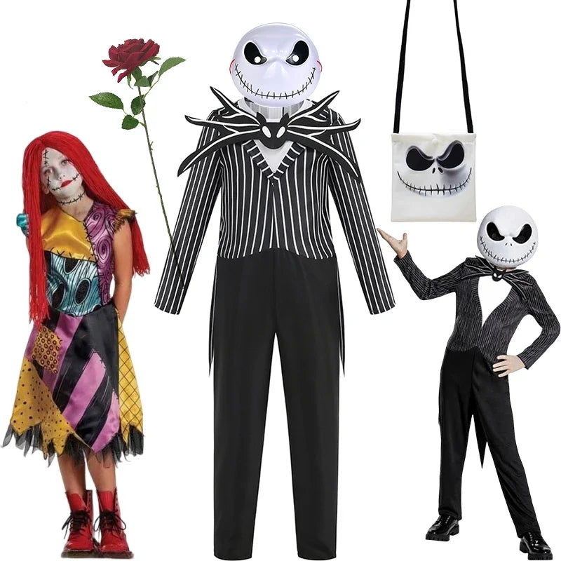 Jack Skellington & Sally Kids Costume - Halloween Cosplay Dress-Up Outfit for Girls & Boys