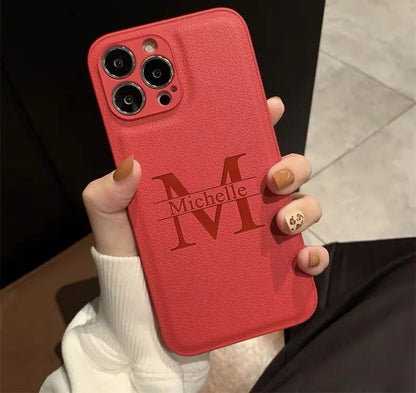 Personalized Custom Initials iPhone Case for 16/15/14/13/12/11 Pro Max Plus – Big Letter Laser Engraved Leather Cover