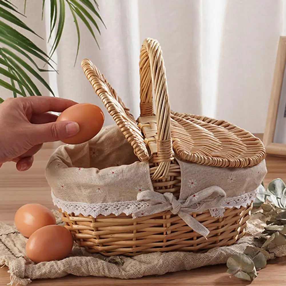 Handmade Wicker Picnic Basket with Handle – Multi-Purpose Willow Woven Storage Hamper for Outdoor Camping and Fruit