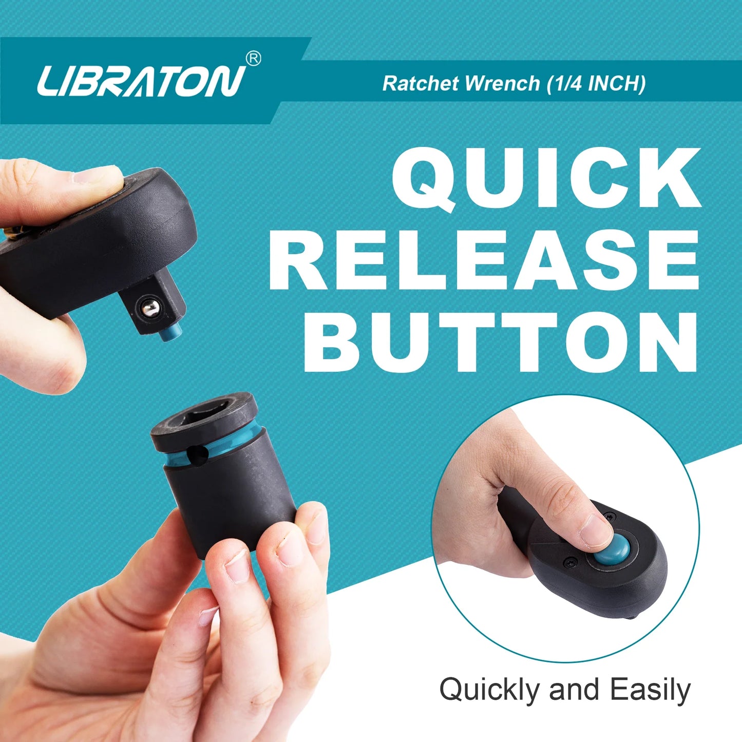 Libraton 1/4 Inch Ratchet Handle – Teardrop Head, Quick-Release, Comfort Grip, 1-Pack