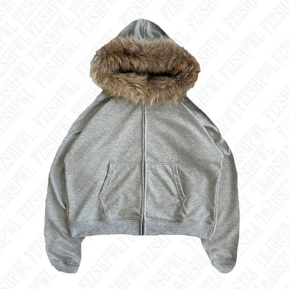 Casual Y2K Zip-Up Hoodie – Faux Fur Collar Harajuku Streetwear Rock Goth Punk EMO Sweatshirt Jacket