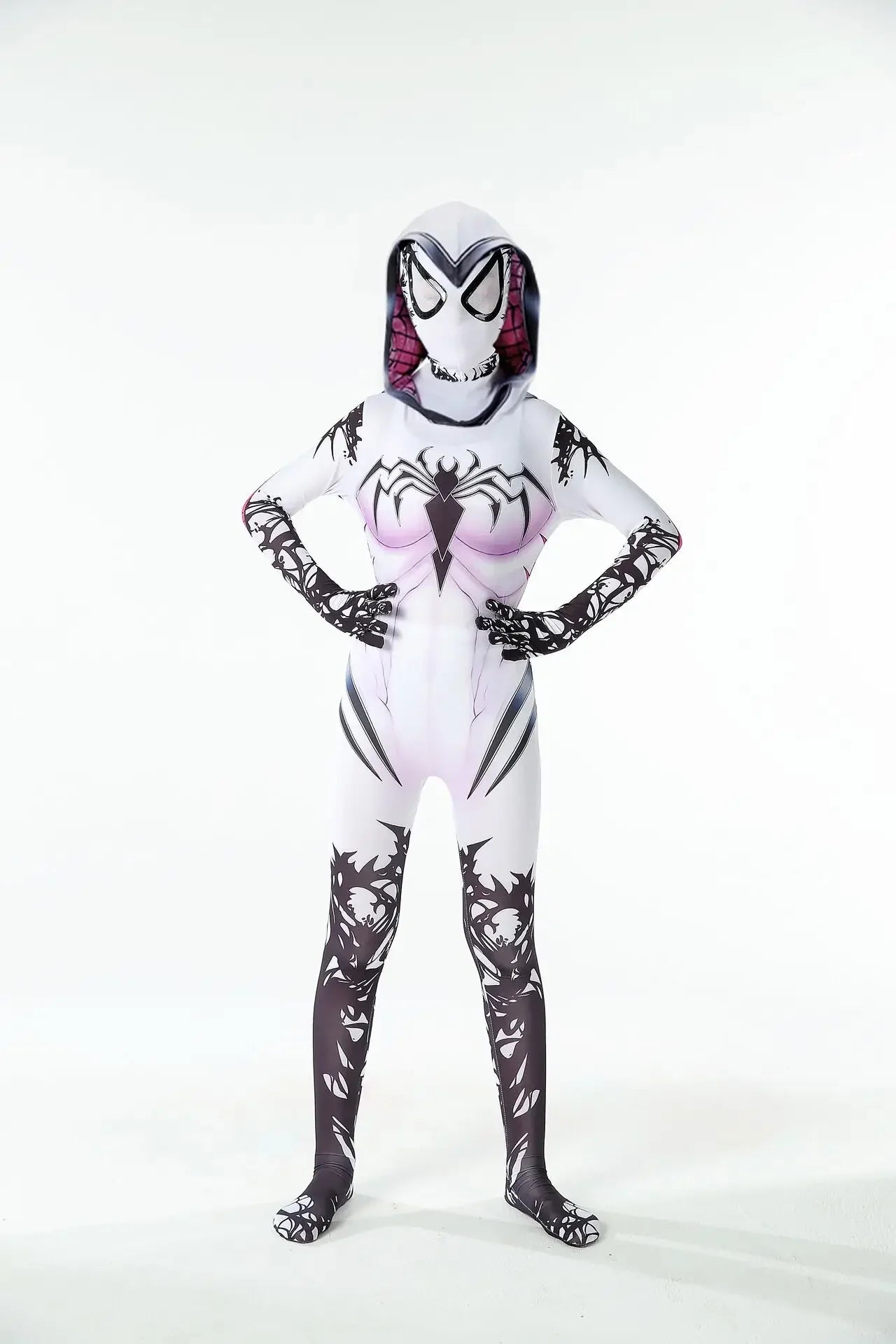 MINISO Spider Gwen Stacy Cosplay Costume – Women’s 3D Print Jumpsuit Onesie with Hat and Mask, Soft Material for Halloween