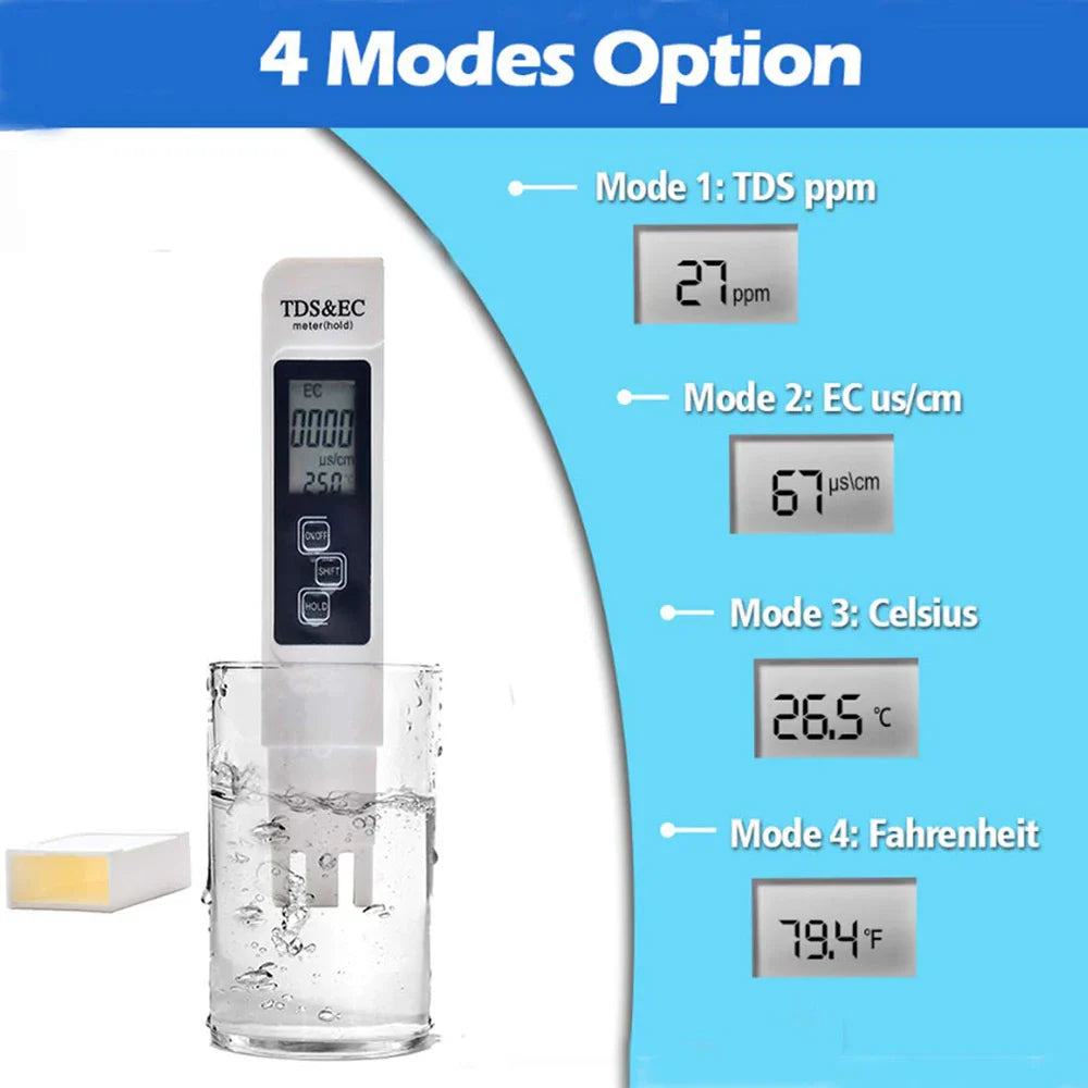 White Digital Water Quality Tester - TDS EC Meter, Multifunctional Water Purity & Temperature TEMP PPM Tester (0-9990 Range)