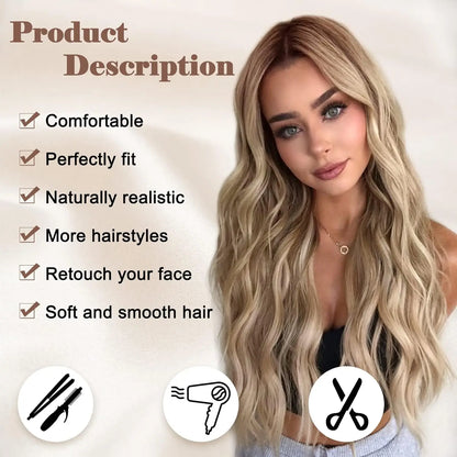 26-Inch Synthetic Ombre Blonde Wavy Wig for Women — Long Middle Part Curly, Heat-Resistant Natural-Look Hair
