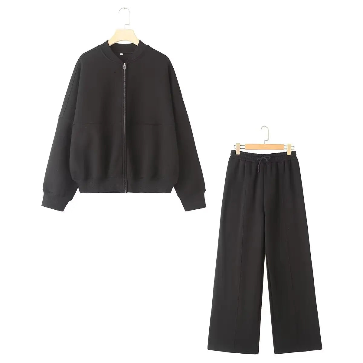 TRAFZA Women’s 2-Piece Retro Set – Solid Zipper Bomber Jacket & High-Waisted Lace-Up Velvet Pants