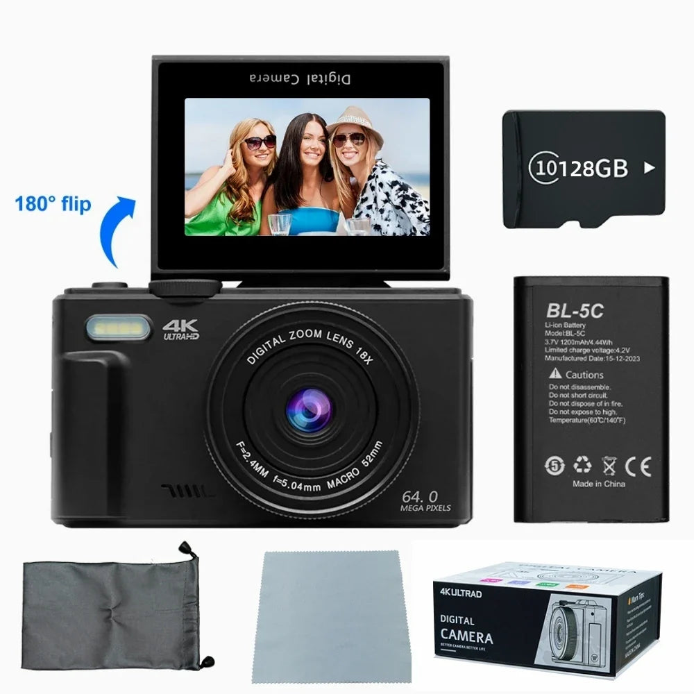 4K Digital Camera – 64MP Compact Photography & Vlogging Camera with 18X Digital Zoom, 3'' 180° Flip Screen & Flash