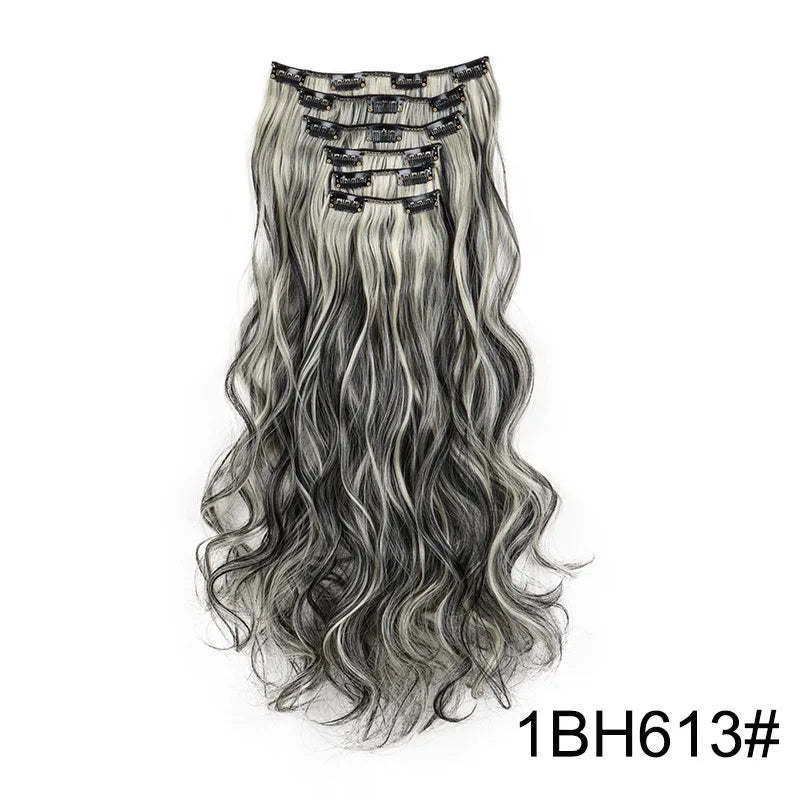 24-Inch 16 Clips-in Hair Extensions – Long Straight Synthetic Blonde & Black Hairpieces, Heat Resistant for Daily Use