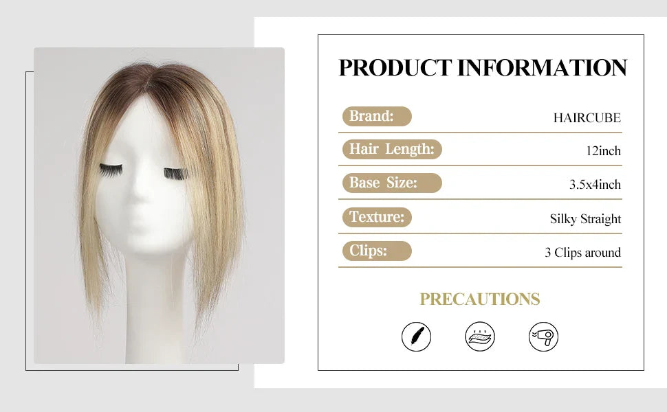 Blonde Brown Ombre Hair Topper – 100% Remy Human Hair, 12" Silk Base, 150% Density, 3-Clip Hairpiece for Women