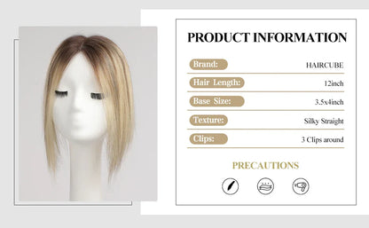 Blonde Brown Ombre Hair Topper – 100% Remy Human Hair, 12" Silk Base, 150% Density, 3-Clip Hairpiece for Women