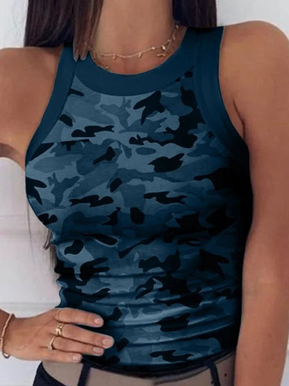 Women’s Summer Elastic Racerback Tank Top – O-Neck Stripe Print Sleeveless Basic Digital Print Sexy Casual T-Shirt