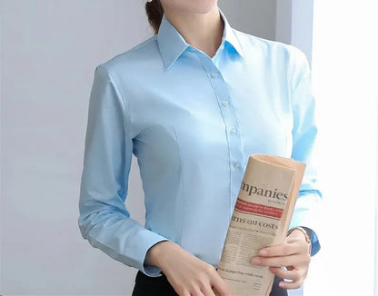 Women’s Solid Button Blouse — Long Sleeve Office Shirt, Elegant Work Top
