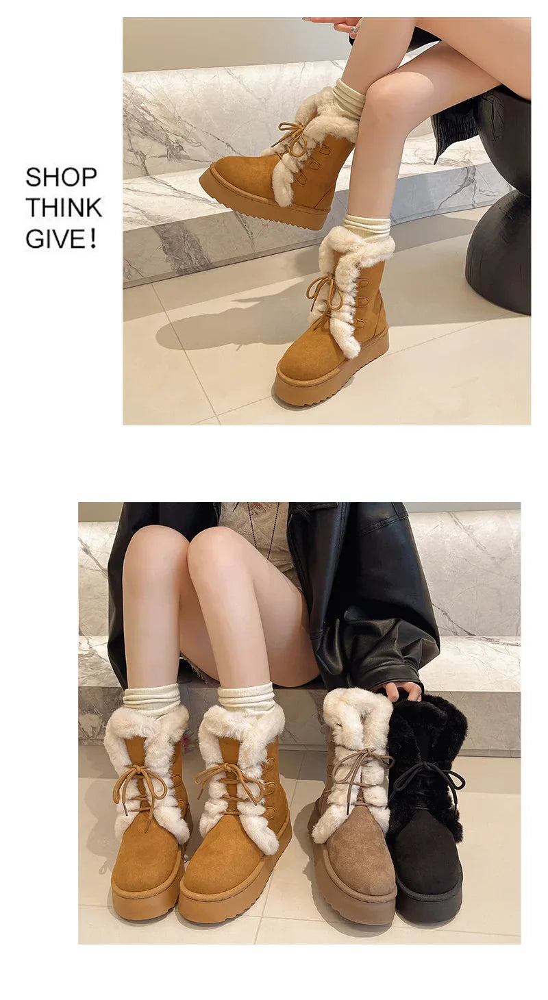 Comemore Women’s Winter Fur Snow Boots – Lace-Up Fluffy Plush Platform Ankle Boots with Thick Cotton Padding