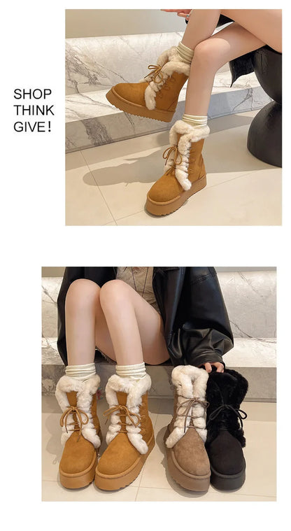 Comemore Women’s Winter Fur Snow Boots – Lace-Up Fluffy Plush Platform Ankle Boots with Thick Cotton Padding