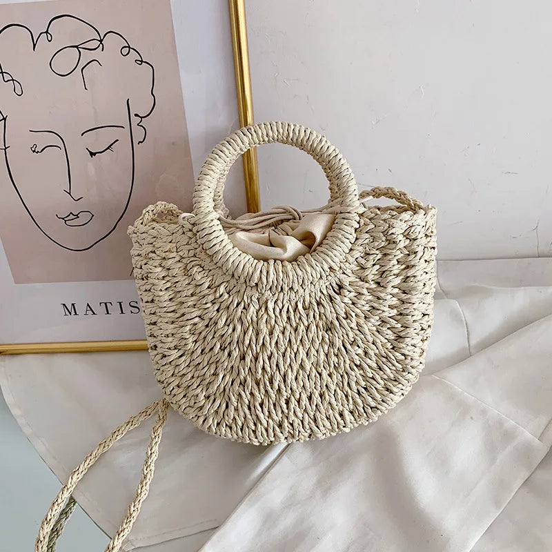 Hand-Woven Straw Beach Bag – Women’s Handmade Moon Basket Crossbody Bohemian Summer Tote