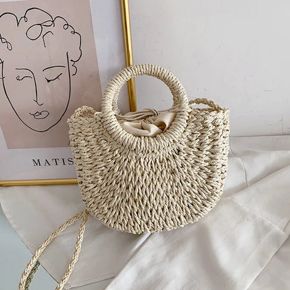 Hand-Woven Straw Beach Bag – Women’s Handmade Moon Basket Crossbody Bohemian Summer Tote