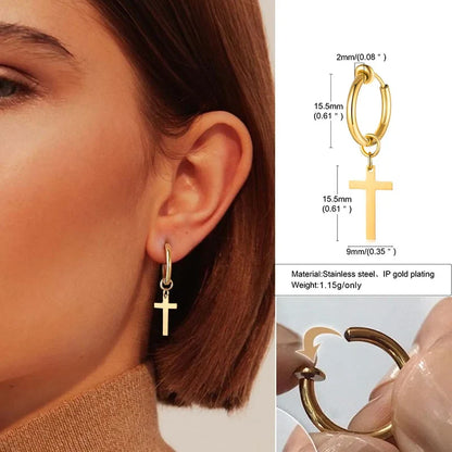 Stainless Steel Cross Charm Earrings - Men's Fashion Jewelry