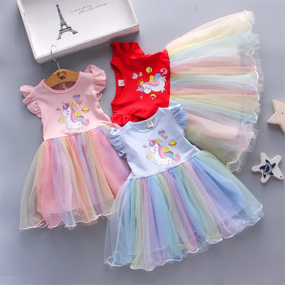 Cute Girls’ Summer Dress - Sleeveless Rainbow Mesh Love Print Casual Dress for 0–3 Years