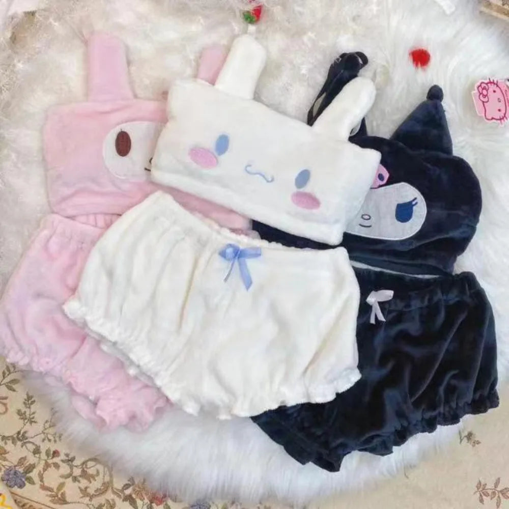 Sanrio Kuromi & My Melody Flannel Pajamas — Cartoon Suspender Shorts Set for Girls