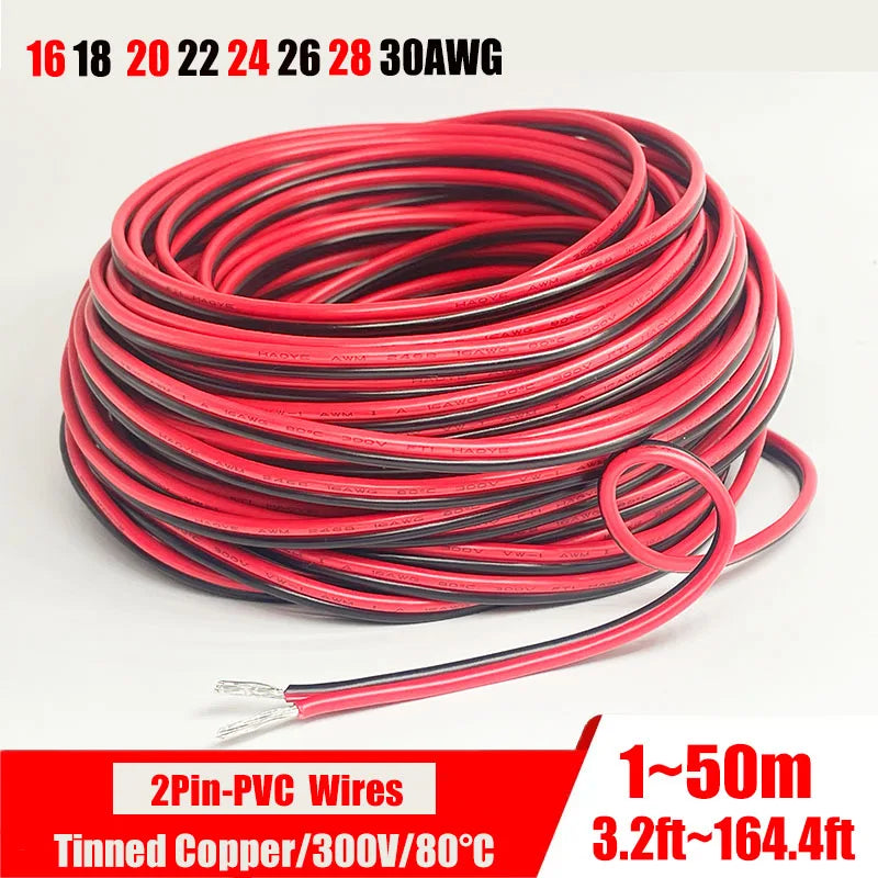 2-Pin Red & Black Extension Cable – PVC/Silicone Tinned Copper Wire (16–28 AWG)