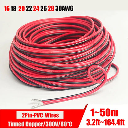 2-Pin Red & Black Extension Cable – PVC/Silicone Tinned Copper Wire (16–28 AWG)