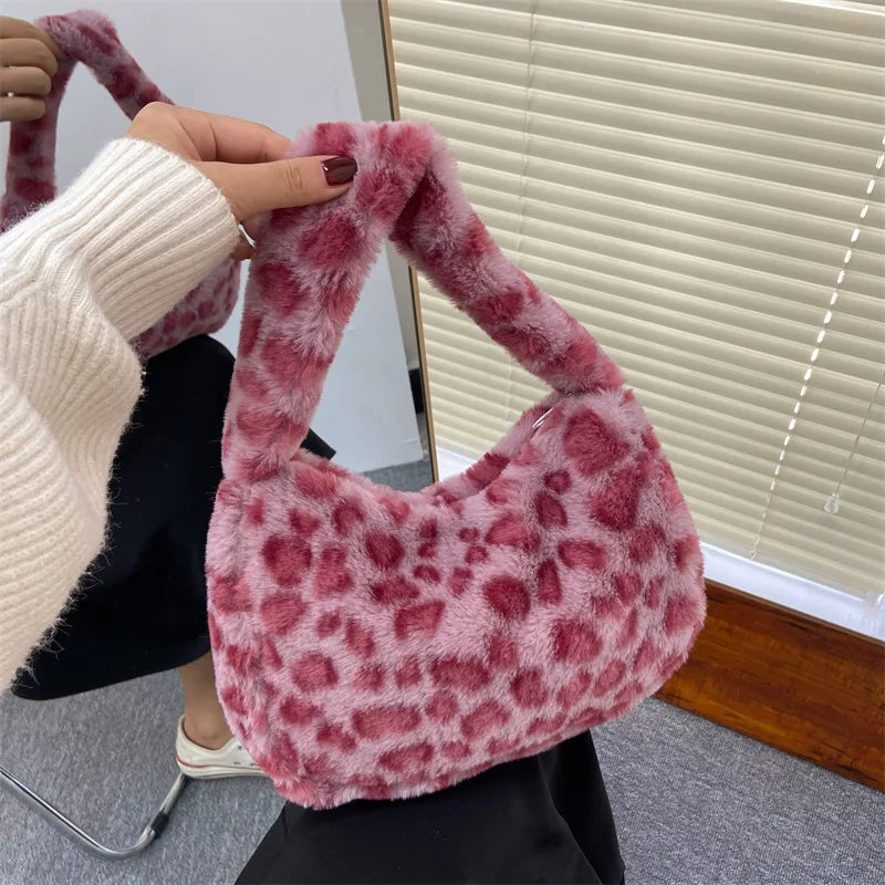 Leopard Plush Tote Bag - Soft Casual Underarm Shoulder Handbag for Women