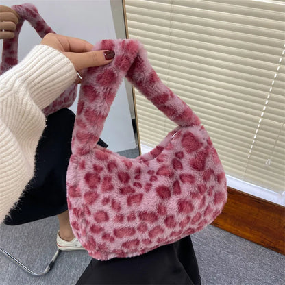 Leopard Plush Tote Bag - Soft Casual Underarm Shoulder Handbag for Women