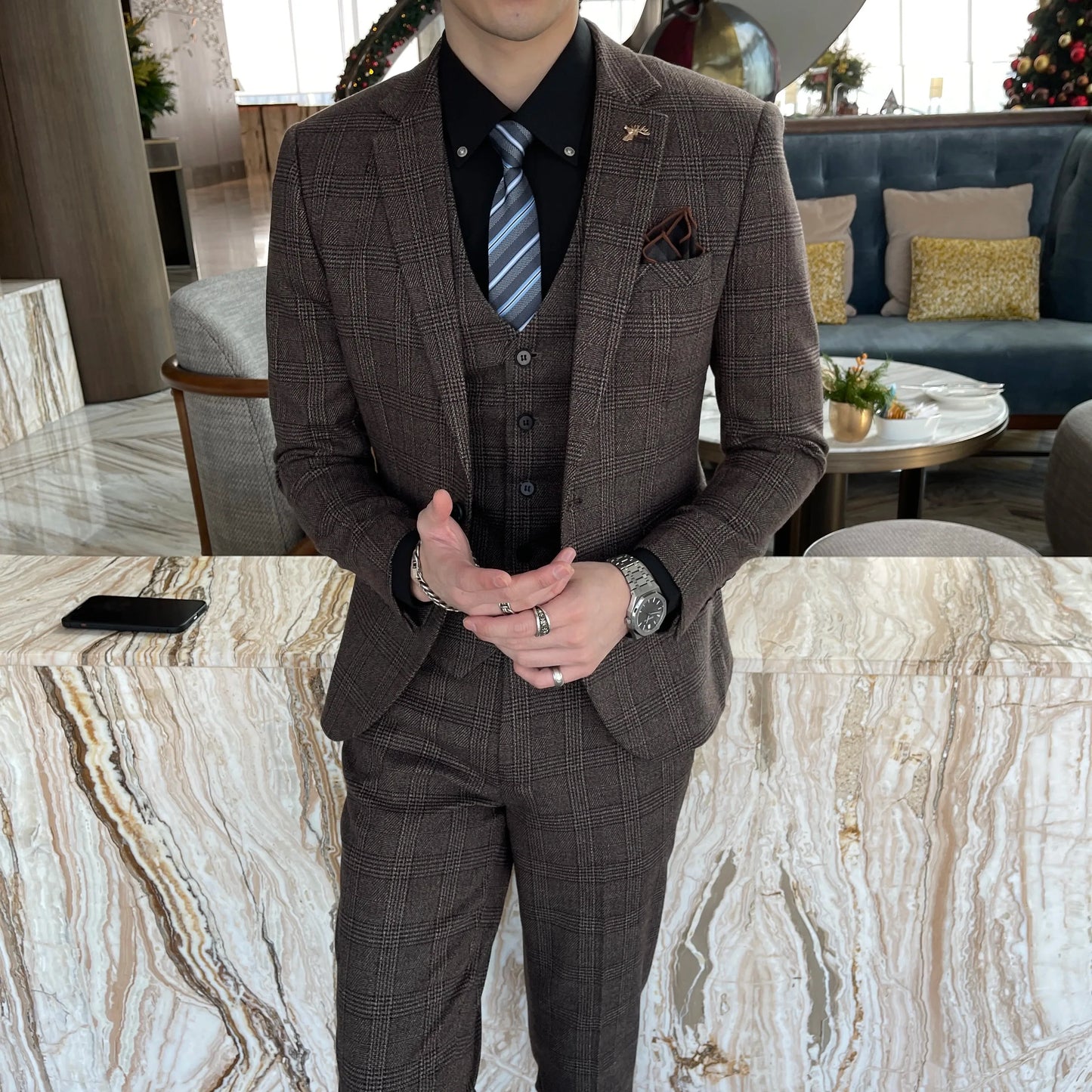 Men’s British Korean Plaid Three-Piece Suit – Stylish Business Casual Set with Blazer, Vest & Trousers
