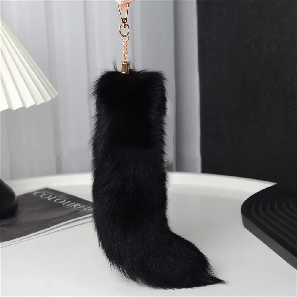 Natural Fox Fur Tail Keychain – 40cm Furry Racoon Bag Charm & Fluffy Keyring Accessory for Women