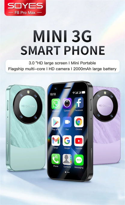 SOYES F8 Pro Max Mini Android Phone — 3.0" Display, 1GB RAM, 16GB ROM, Dual SIM, 3G, Play Store Compatible Small Smartphone