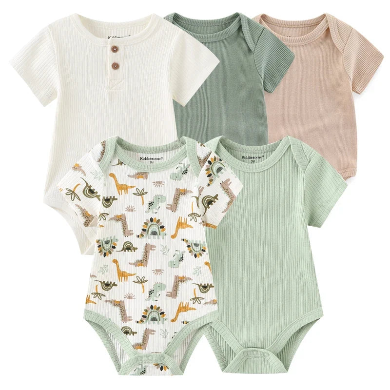 5PCS Newborn Baby Bodysuit Set - Soft Cotton Unisex Baby Clothes with Cartoon Print for Boys & Girls