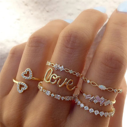 Women’s Silver Crystal Ring Set – Cubic Zirconia Moon, Arrow, Flower & Heart Wedding Fashion Jewelry
