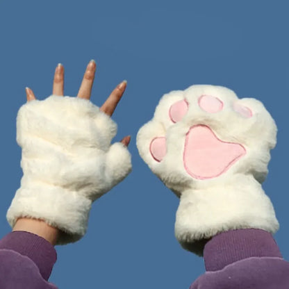 Cartoon Cute Cat Claw Paw Gloves - Women's Plush Mittens for Warmth and Style - Soft, Fingerless, Fluffy Bear Cat Costume Gloves