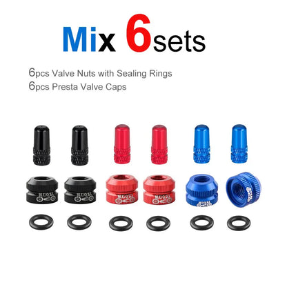 Bicycle Presta Valve Nut & Cap Set – Inner Tube Tire Nozzle Locking Screw with Sealing Ring Dust Protector