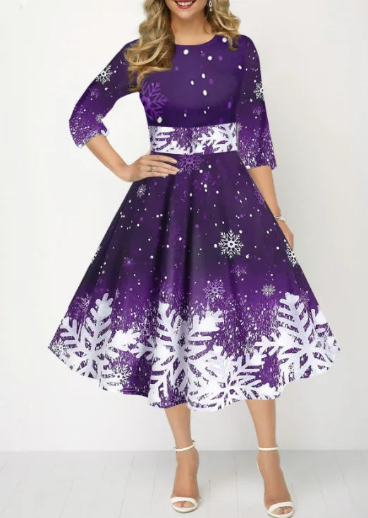 Women’s Winter Christmas Dress – Vintage Swing Robe with Half Sleeves, Elegant Casual Print Party Dress
