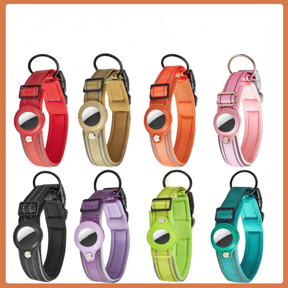 Reflective Heavy-Duty Dog Collar with Adjustable AirTag Holder — For Small, Medium & Large Dogs