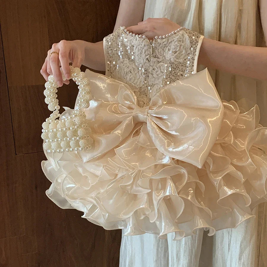 Baby Girls Princess Tutu Dress - Big Bow Birthday, Wedding & Christening Gown